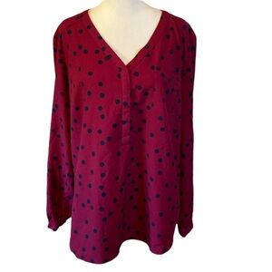 Merona polka dot blouse. Size XL. Long sleeve, v neck. Navy blue/ maroon.